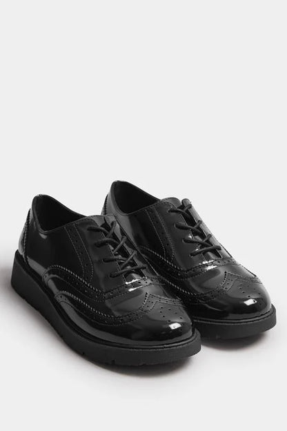 Black Patent Lace Up Brogue Flats In Extra Wide EEE Fit