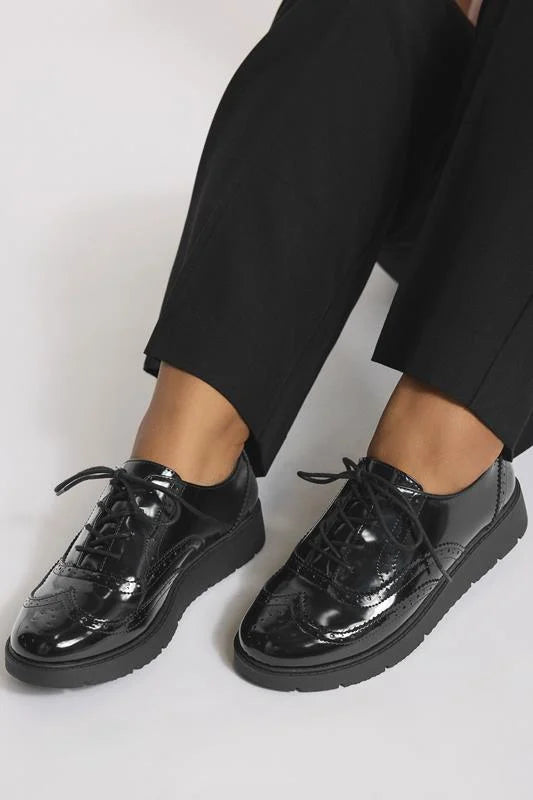 Black Patent Lace Up Brogue Flats In Extra Wide EEE Fit